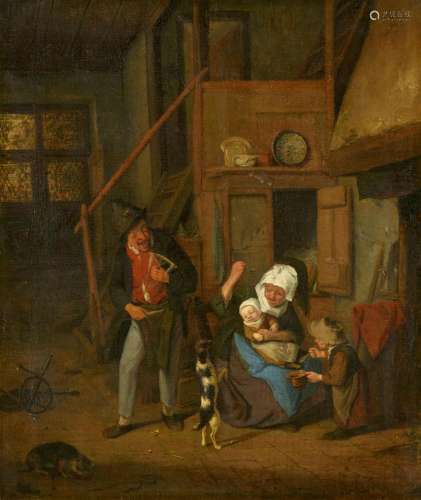Cornelis Dusart, Interior Scene with a Peasant Family and Do...
