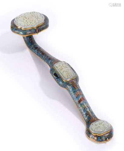 Chinese Cloisonne Enamel Jade Inset Ruyi Scepter