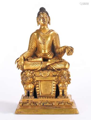 Tibetan or Nepalese Gilt Copper Alloy Figure of Shakyamuni