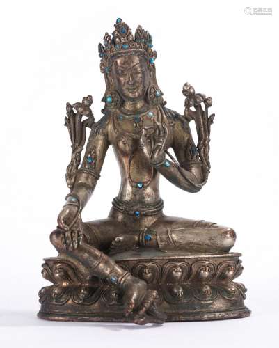 Tibetan Silver Inlaid Figure of Green Tara