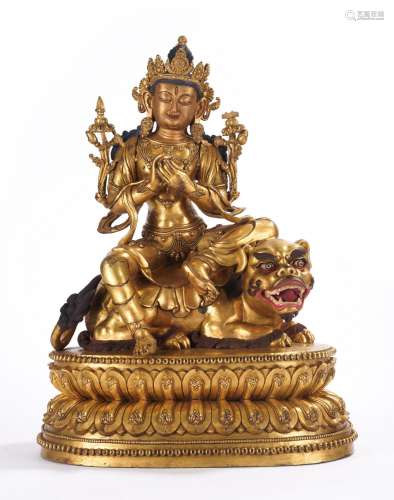 A Rare Sino-Tibetan GIlt Copper Figure of Manjushri on Lion