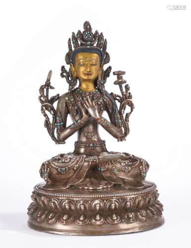 A Rare Large Tibetan Silver Inlaid Figure of Manjushri