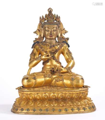 A Rare Tibetan Gilt Copper Inlaid Vajrasattva Figure