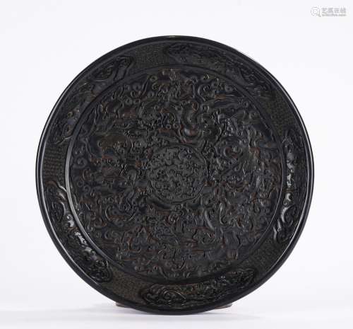 Rare Chinese Black Lacquer Circular Dragon Dish