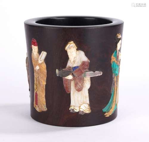 Chinese Inlaid Figures Zitan or Hardwood Brushpot