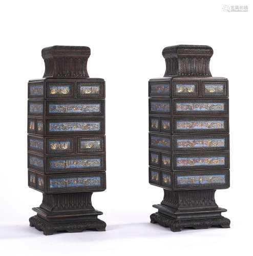 Pair of Chinese Zitan Tiered Lacquered Dragon Vases