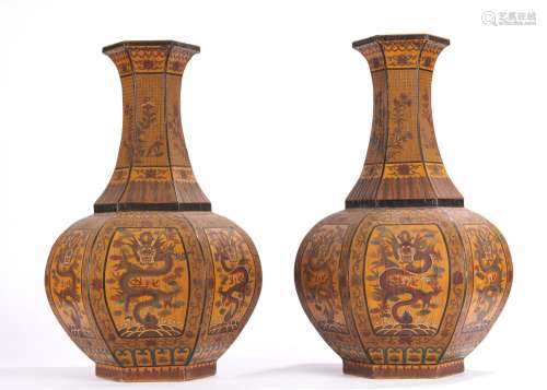 Pair of Chinese Lacquered Dragon Vases