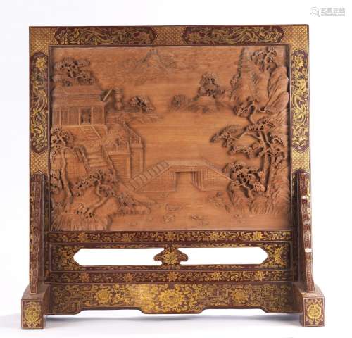 Large Nanmu Landscape Lacquered Frame Table Screen