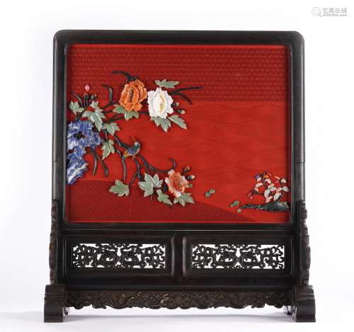 A Cinnabar Lacquer and Agate Jade Inlaid Table Screen