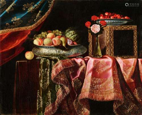 Antonio Gianlisi, Flowers and Fruit in Silver Dishes on Silk...
