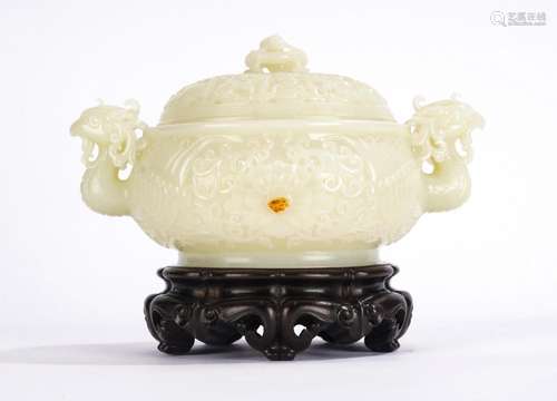 Chinese White Jade Lotus and Phoenix Censer