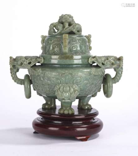 Chinese Green Jade Carved Tripod Censer