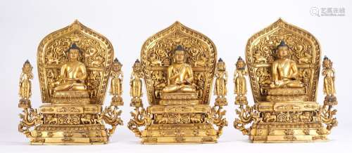 Three Tibetan Gilt Bronze Bodhisattva Figures on Stands