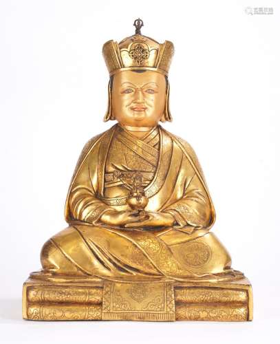 Large Tibetan Gilt Bronze Figure of Padmasambhava
