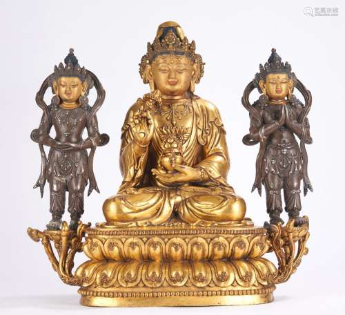 Rare Chinese Gilt Bronze Figure Of Guanyin and Bodhisattva G...