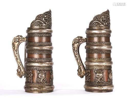 A Pair of Tibetan Silver Copper Ewers