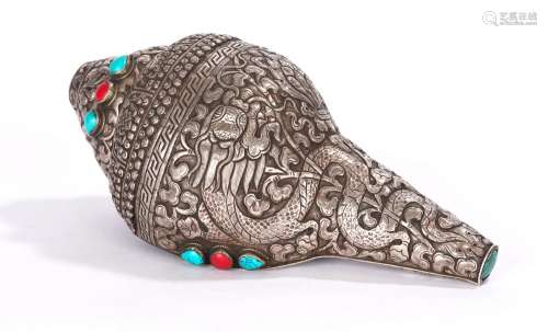Tibetan Silver and Turquoise Coral Conch Shell