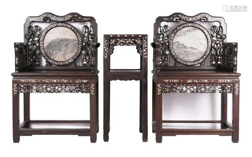 Rare Chinese Hardwood Mother of Pearl Armchairs and Stand