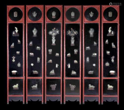 Chinese Cinnabar Lacquer Jade Inlaid Six Panel Screen