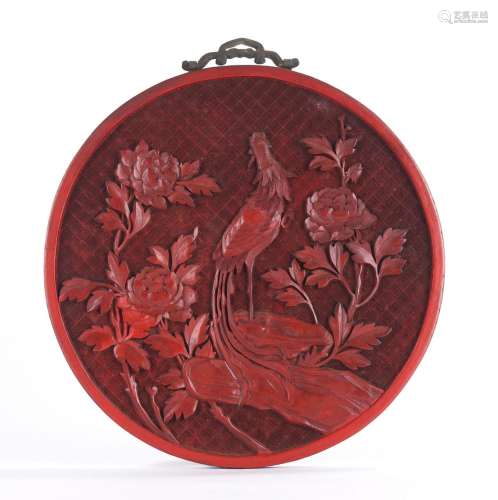 Chinese Cinnabar Lacquer Phoenix Hanging Round Panel