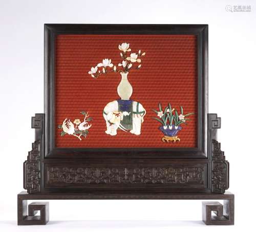 Chinese Cinnabar Lacquer Inlaid Elephant Zitan Table Screen