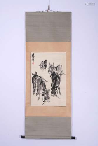 Chinese Ink Paper Donkeys Painting Scroll