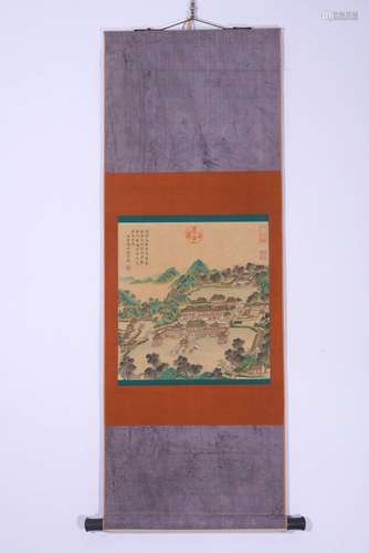 Chinese Watercolor Palace Landscape Painting Scroll