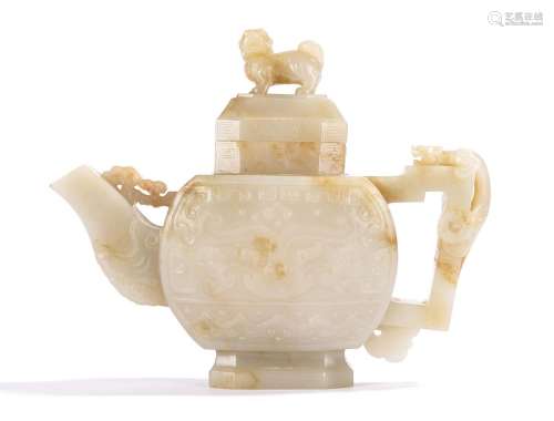 Chinese White Jade Taotie Teapot and Cover