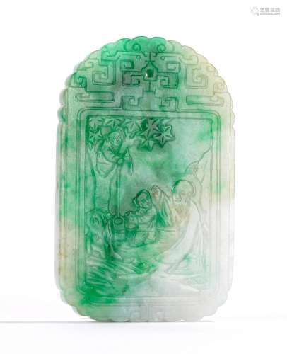 Chinese Jadeite Immortal and Boy Inscribed Pendant