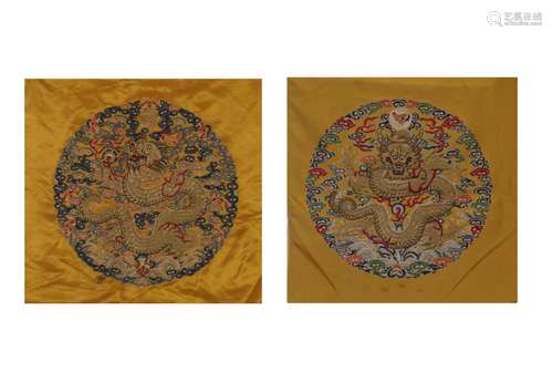 Pair of Chinese Silk Embroidered Dragon Square Panels