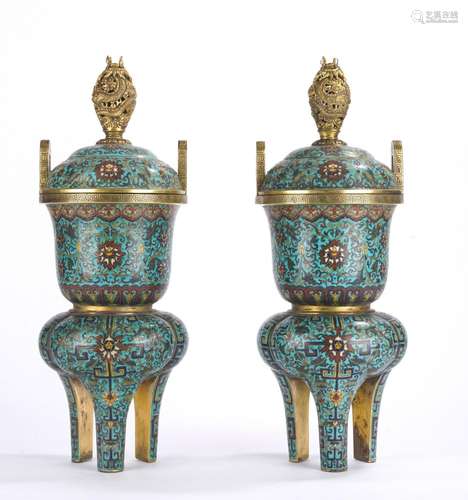 Pair of Fine Chinese Cloisonne Enamel Tripod Censers