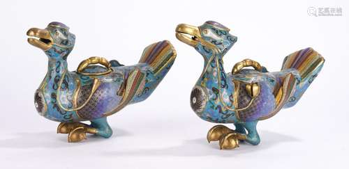 Pair of Rare Cloisonne Enamel Mandarin Ducks Censers