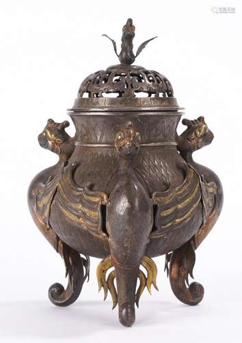 Chinese Partial Gilt Silver Phoenix Tripod Censer