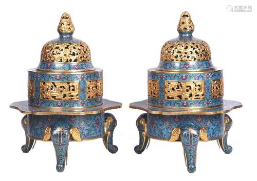 A Pair of Large Cloisonne Enamel Tripod Censers