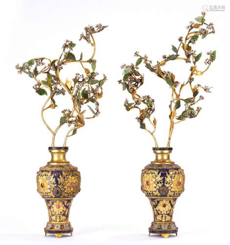 A Pair of Gilt Enamel Vases with 'Pearl' Flowers