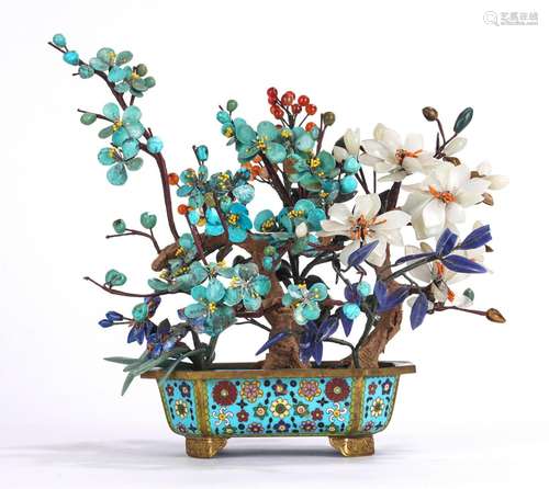 Jades and Hardstone Flowers in Cloisonne Enamel Planter