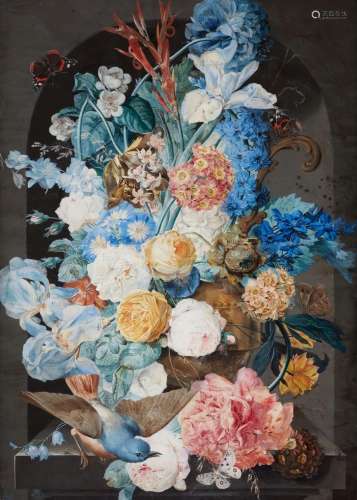 Franz Xaver Petter, Vase of Flowers in a Niche with a Butter...