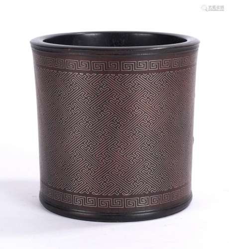 Chinese Silver Wire Inlaid Hardwood Brushpot