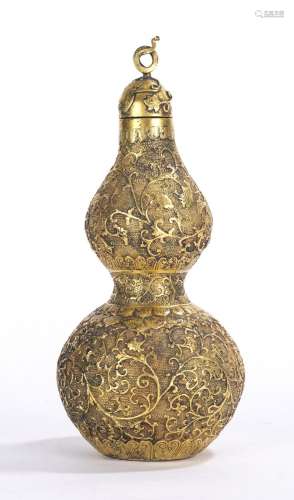 Chinese Gilt Bronze Engraved Double Gourd Vase