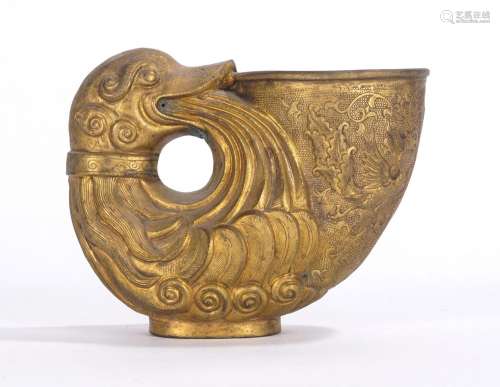 Chinese Gilt Bronze Engraved Duck Cup