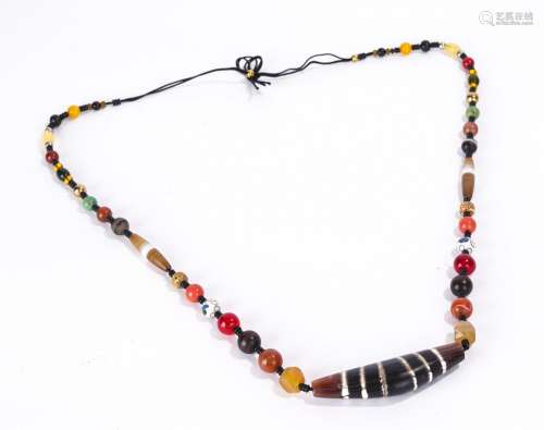 Tibetan Banded Dzi Bead and Agate Necklace