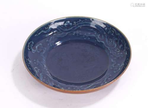 Chinese Blue Glazed Incised Dragon Dish