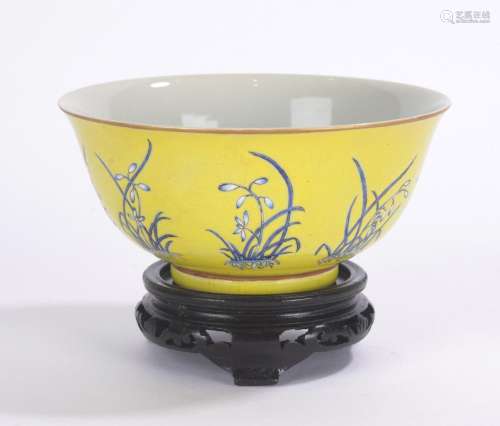Chinese Blue Enamel Orchid Yellow Ground Bowl