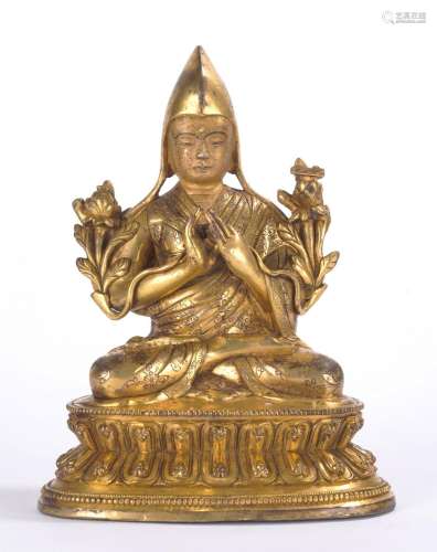 Tibetan Gilt Bronze Figure of Tsongkhapa