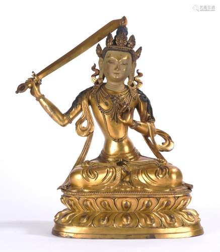 Tibetan Gilt Bronze Figure of Manjushri