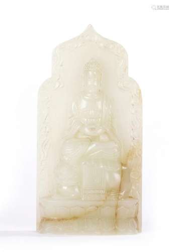 Chinese White Jade Manjushri Figure Panel