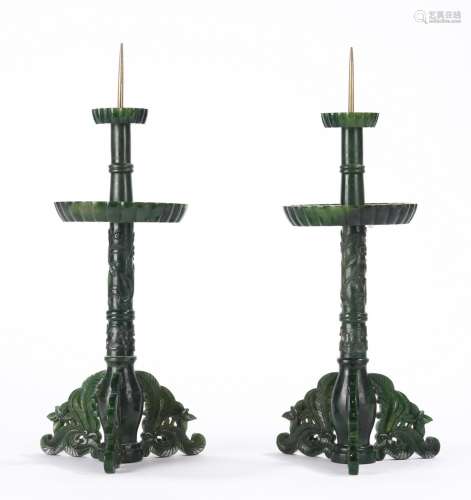 Pair of Chinese Green Jade candlesticks