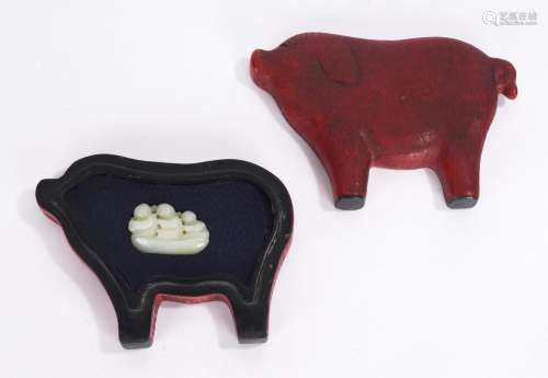 Chinese White Jade Boy Group & Lacquered 'Pig'...