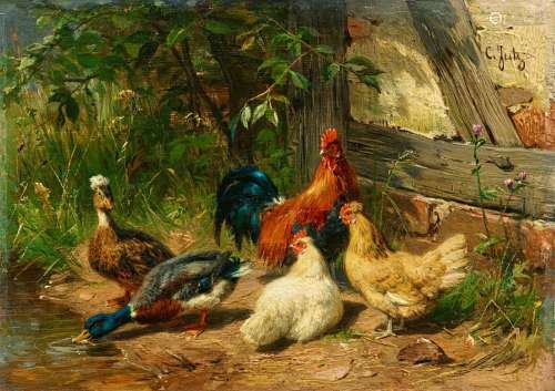 Carl Jutz the Elder, Chickens and Ducks by a Pond