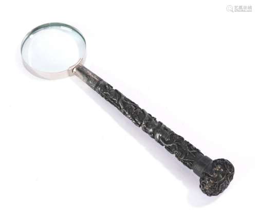 Chinese Silver Relief Cast Handle Magnifying Glass